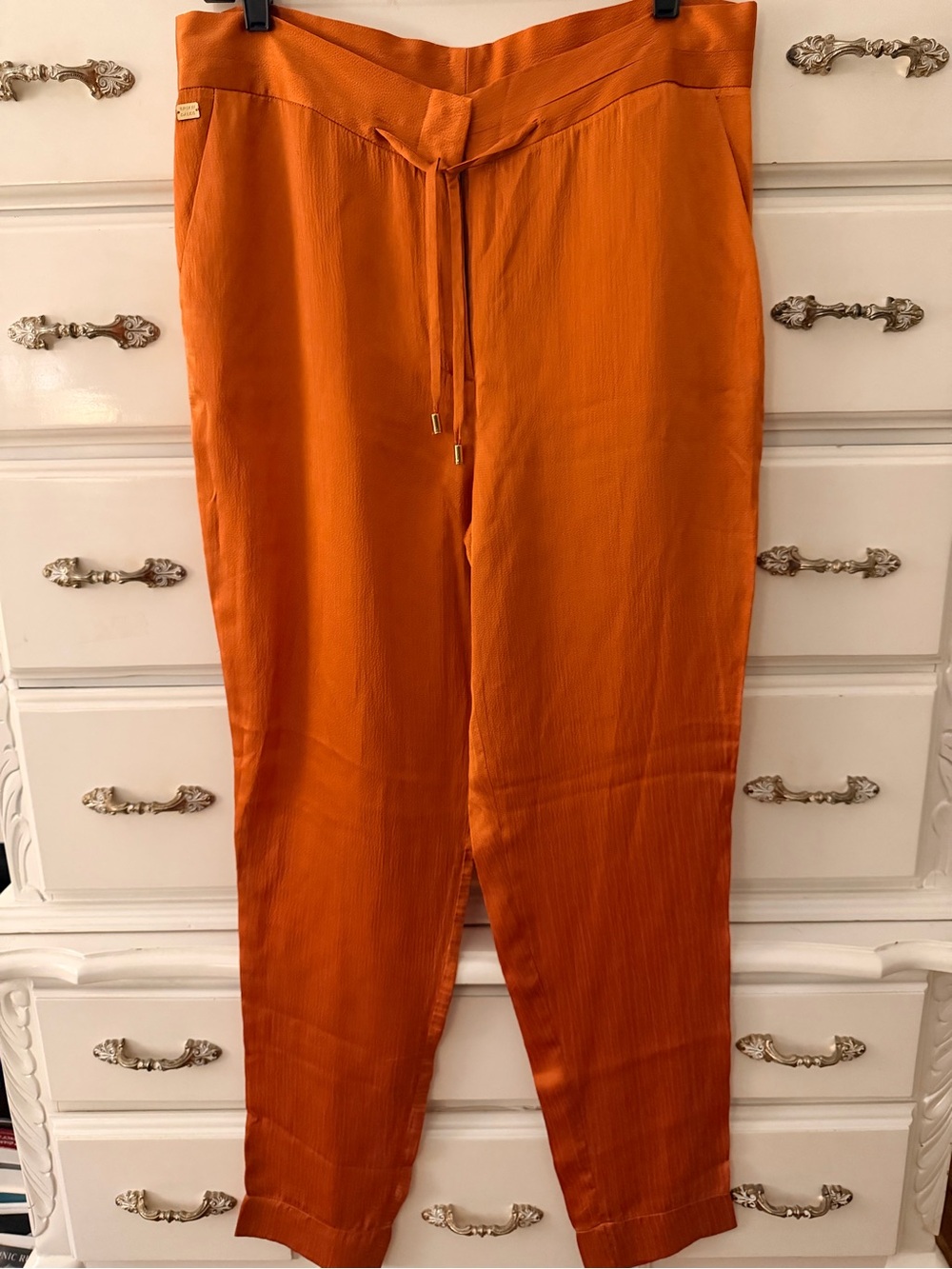 NWT Brian Dales Italy 100% Silk Seta Drawstring Tapered Pants Rust 46 US 10